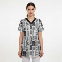 Vintage Aloha Block Quilt Scrub Top Black Inspired Lei Motifs - Polynesian Pride