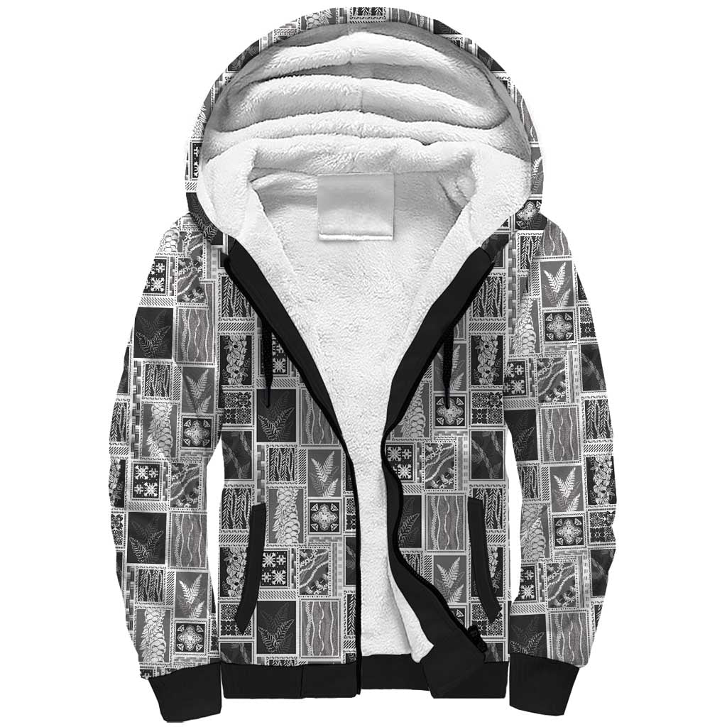Vintage Aloha Block Quilt Sherpa Hoodie Black Inspired Lei Motifs - Polynesian Pride