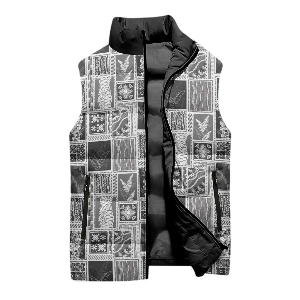 Vintage Aloha Block Quilt Sleeveless Puffer Jacket Black Inspired Lei Motifs - Polynesian Pride