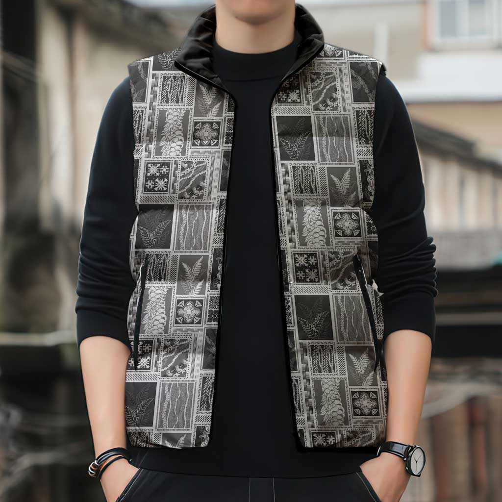 Vintage Aloha Block Quilt Sleeveless Puffer Jacket Black Inspired Lei Motifs - Polynesian Pride