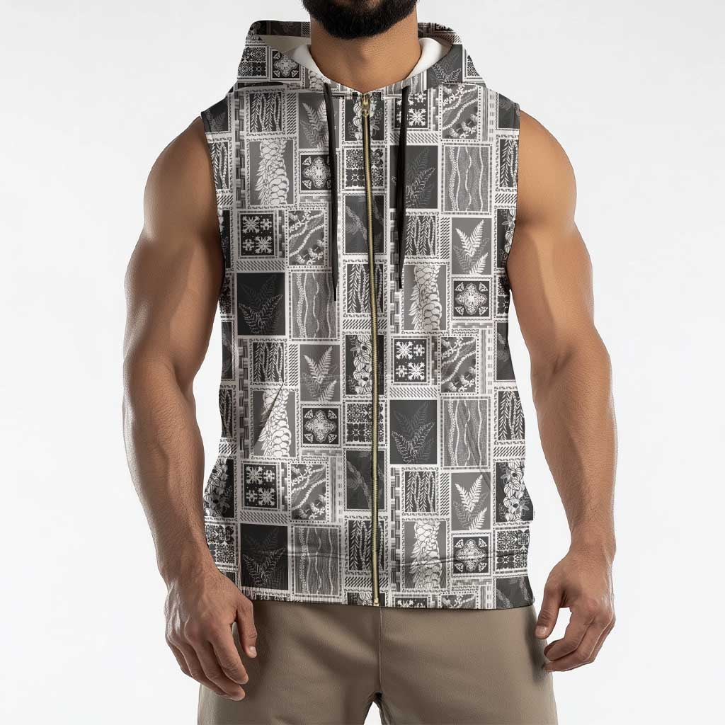 Vintage Aloha Block Quilt Sleeveless Zip Hoodie Black Inspired Lei Motifs - Polynesian Pride