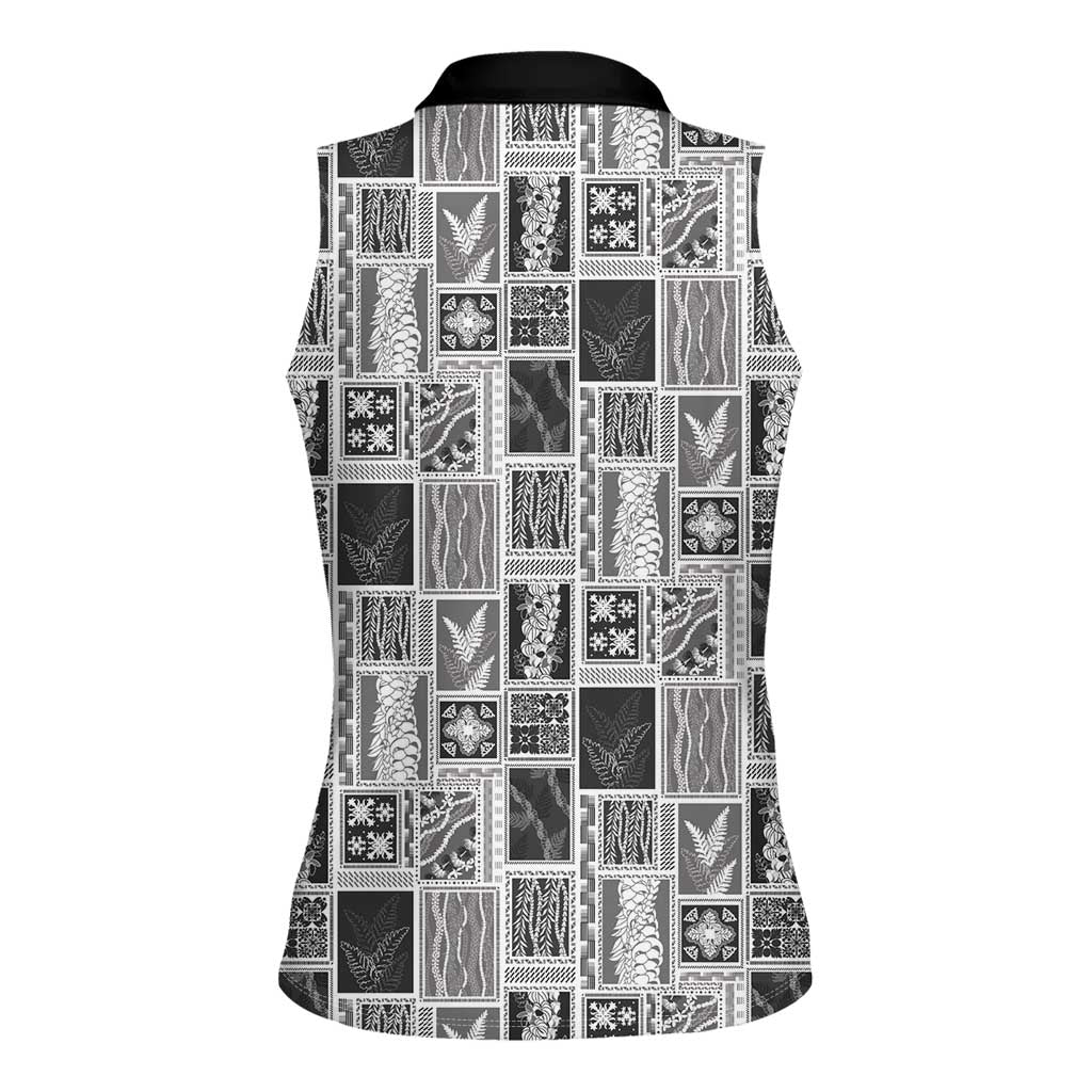 Vintage Aloha Block Quilt Women Sleeveless Polo Shirt Black Inspired Lei Motifs - Polynesian Pride