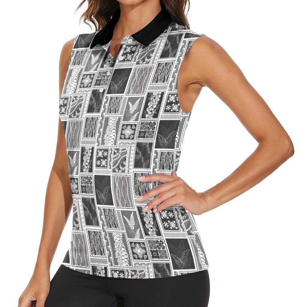 Vintage Aloha Block Quilt Women Sleeveless Polo Shirt Black Inspired Lei Motifs - Polynesian Pride
