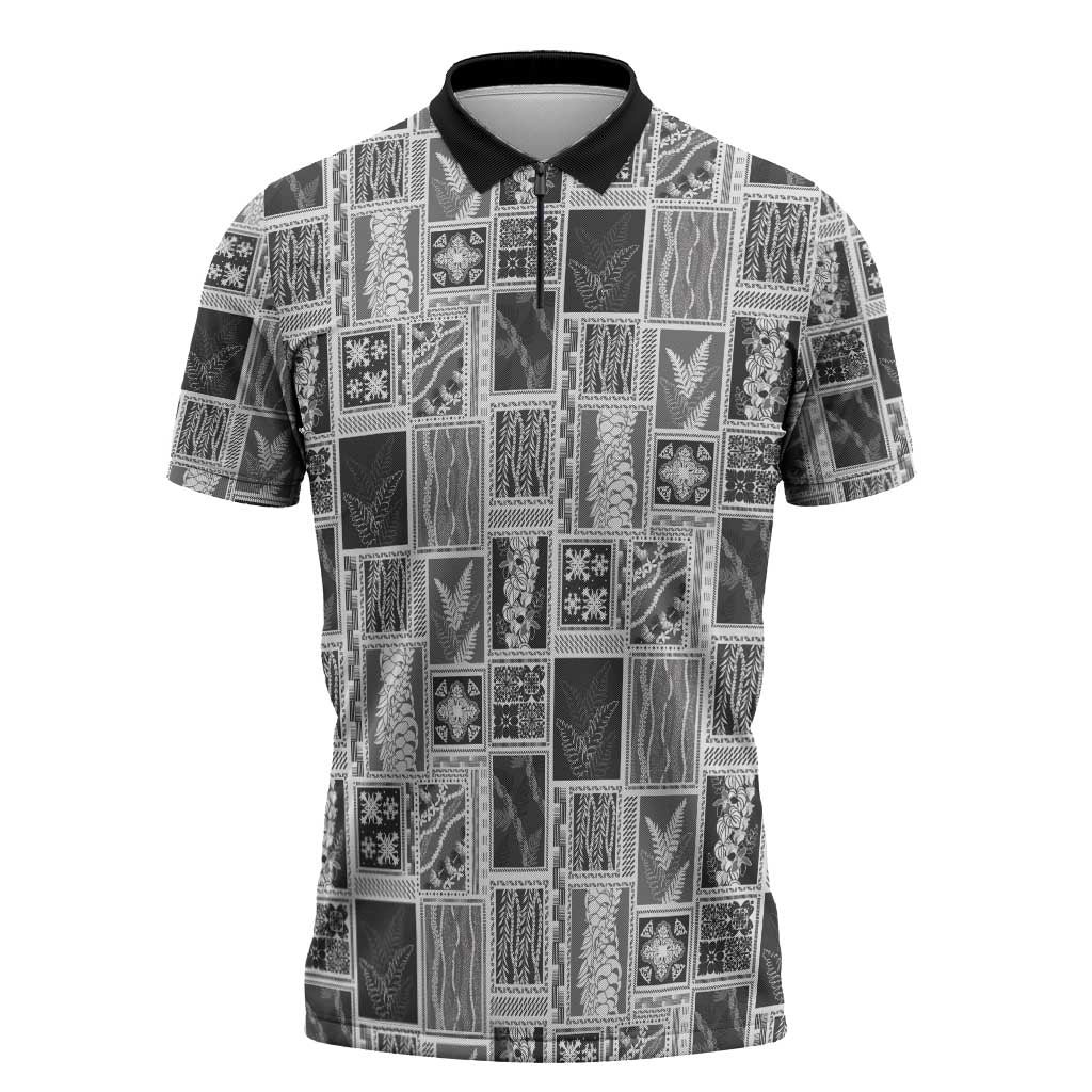 Vintage Aloha Block Quilt Zipper Polo Shirt Black Inspired Lei Motifs - Polynesian Pride
