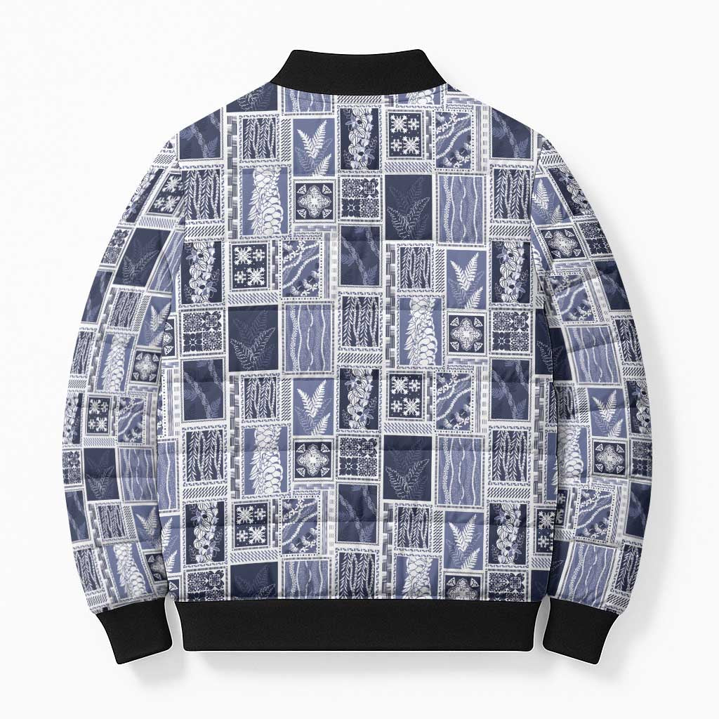 Vintage Aloha Block Quilt Bomber Puffer Jacket Blue Inspired Lei Motifs - Polynesian Pride