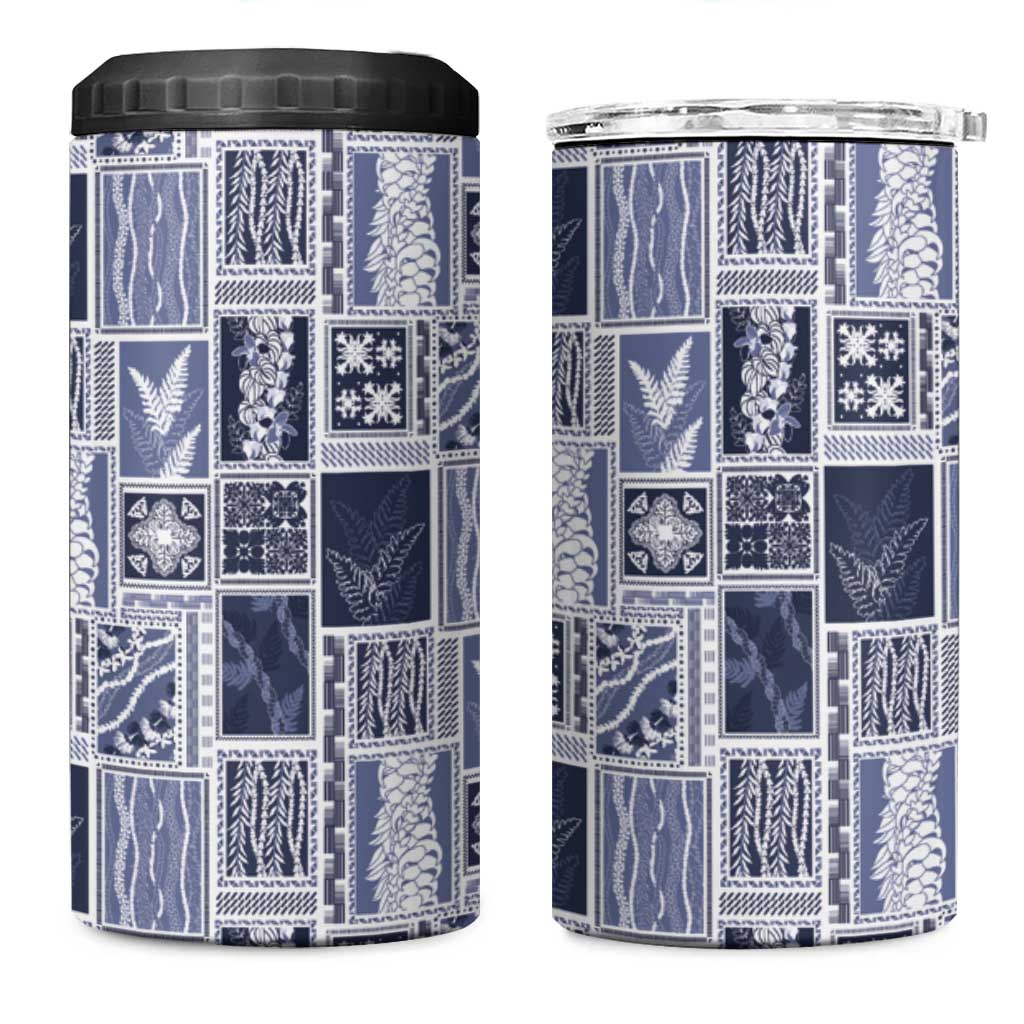 Vintage Aloha Block Quilt 4 in 1 Can Cooler Tumbler Blue Inspired Lei Motifs - Polynesian Pride