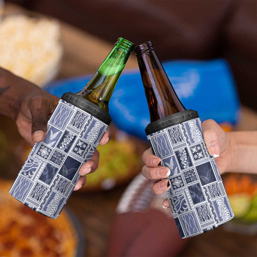 Vintage Aloha Block Quilt 4 in 1 Can Cooler Tumbler Blue Inspired Lei Motifs - Polynesian Pride