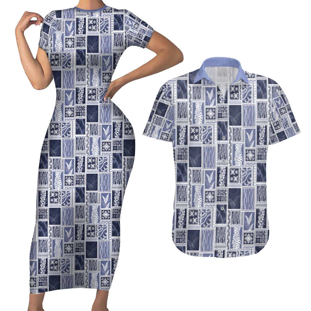 Vintage Aloha Block Quilt Couples Matching Short Sleeve Bodycon Dress and Hawaiian Shirt Blue Inspired Lei Motifs - Polynesian Pride