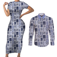 Vintage Aloha Block Quilt Couples Matching Short Sleeve Bodycon Dress and Long Sleeve Button Shirt Blue Inspired Lei Motifs - Polynesian Pride