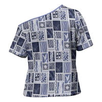 Vintage Aloha Block Quilt Cross Shoulder Shirt Blue Inspired Lei Motifs - Polynesian Pride