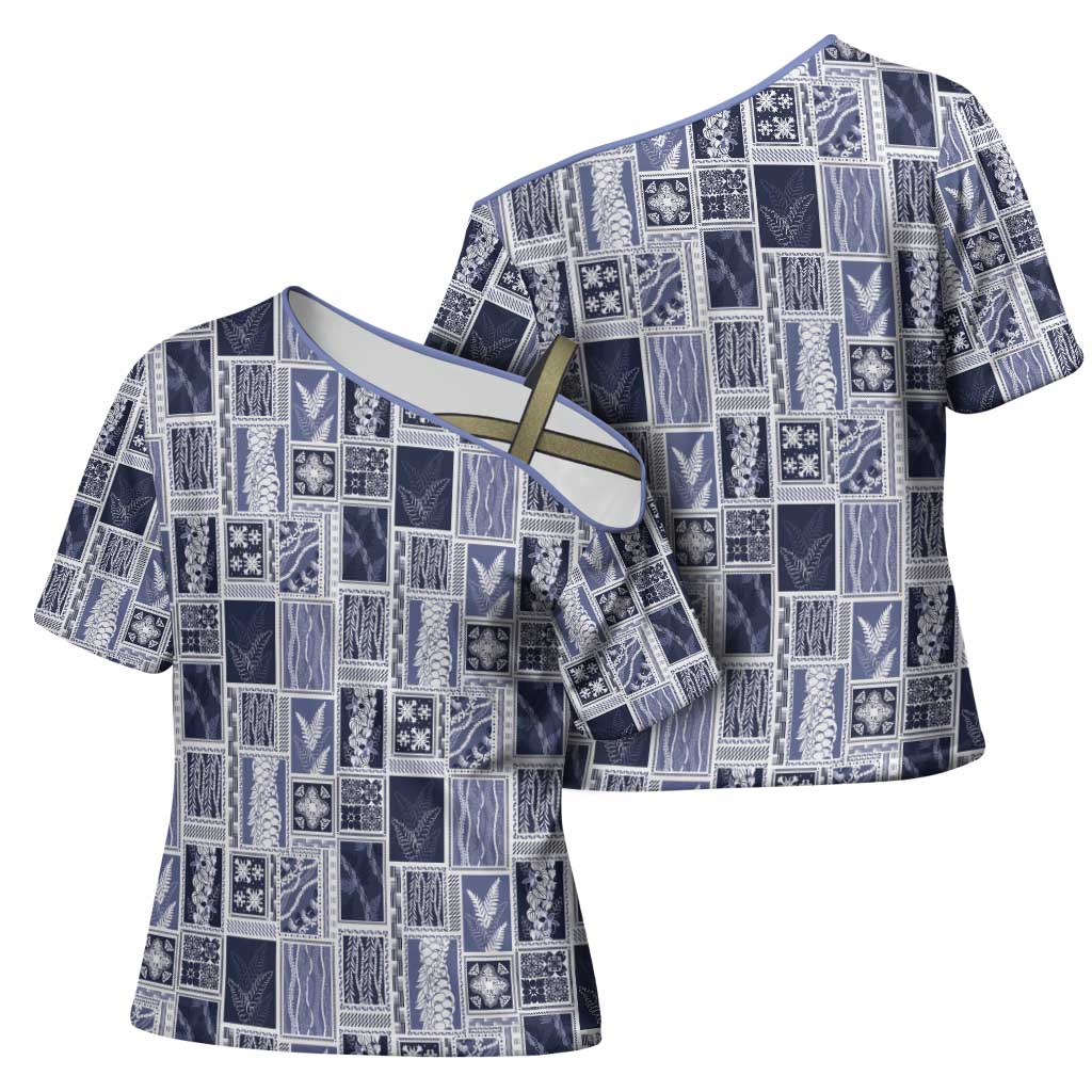 Vintage Aloha Block Quilt Cross Shoulder Shirt Blue Inspired Lei Motifs - Polynesian Pride
