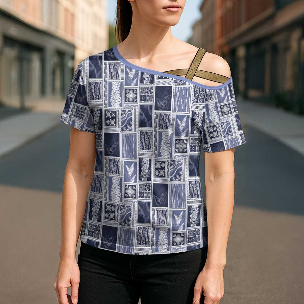 Vintage Aloha Block Quilt Cross Shoulder Shirt Blue Inspired Lei Motifs - Polynesian Pride