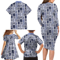 Vintage Aloha Block Quilt Family Matching Long Sleeve Bodycon Dress and Hawaiian Shirt Blue Inspired Lei Motifs - Polynesian Pride