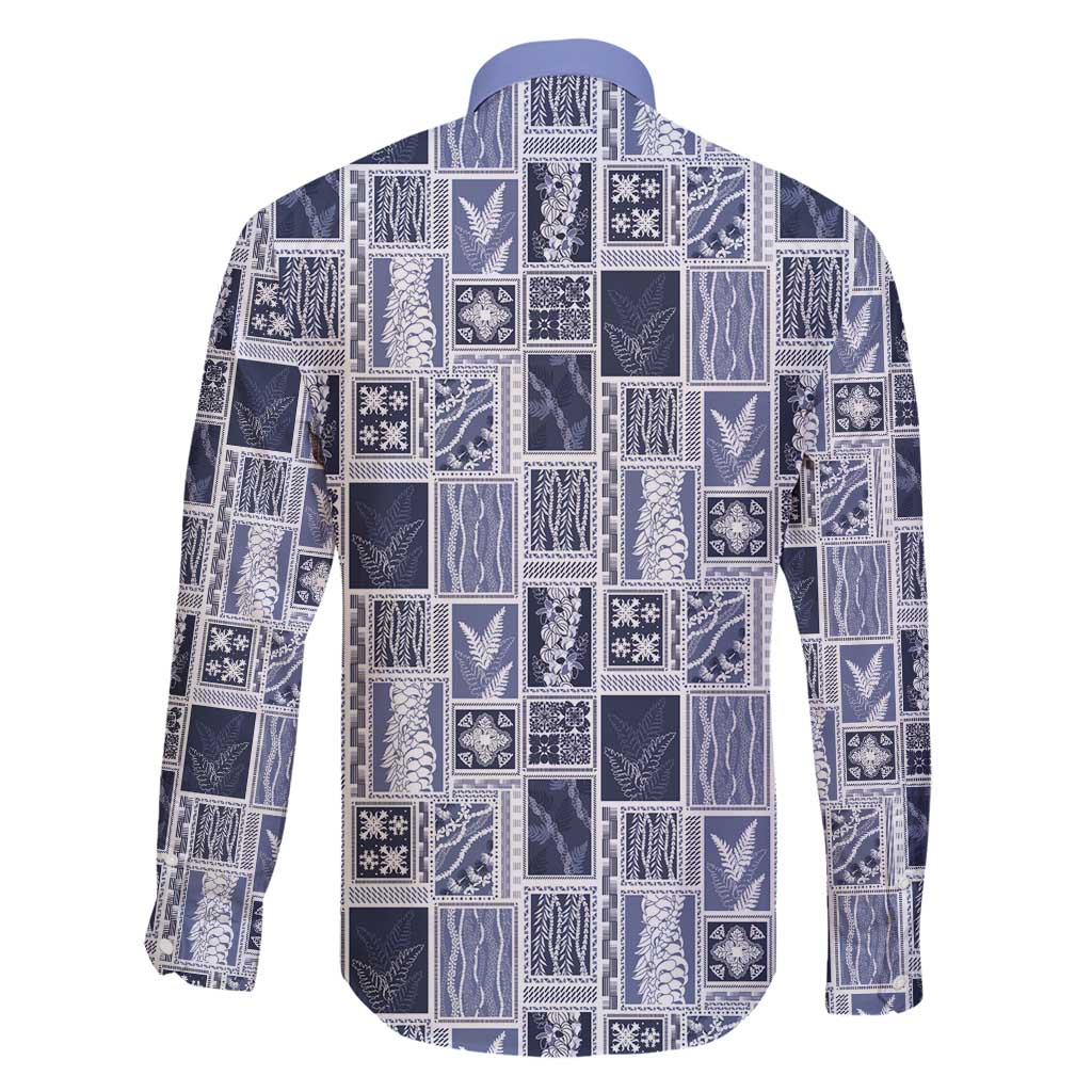 Vintage Aloha Block Quilt Family Matching Long Sleeve Bodycon Dress and Hawaiian Shirt Blue Inspired Lei Motifs - Polynesian Pride