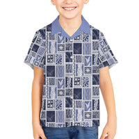 Vintage Aloha Block Quilt Family Matching Long Sleeve Bodycon Dress and Hawaiian Shirt Blue Inspired Lei Motifs - Polynesian Pride