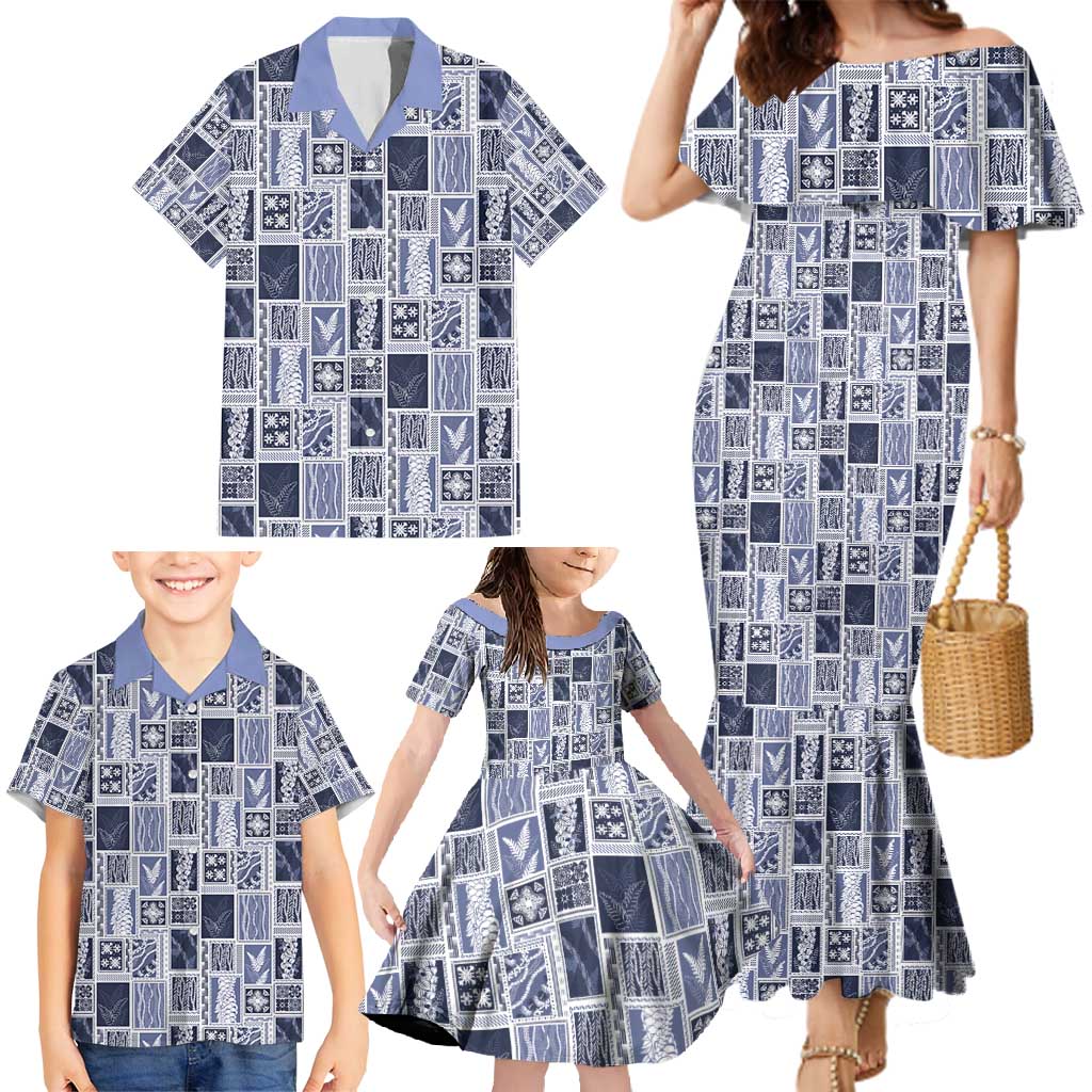 Vintage Aloha Block Quilt Family Matching Mermaid Dress and Hawaiian Shirt Blue Inspired Lei Motifs - Polynesian Pride
