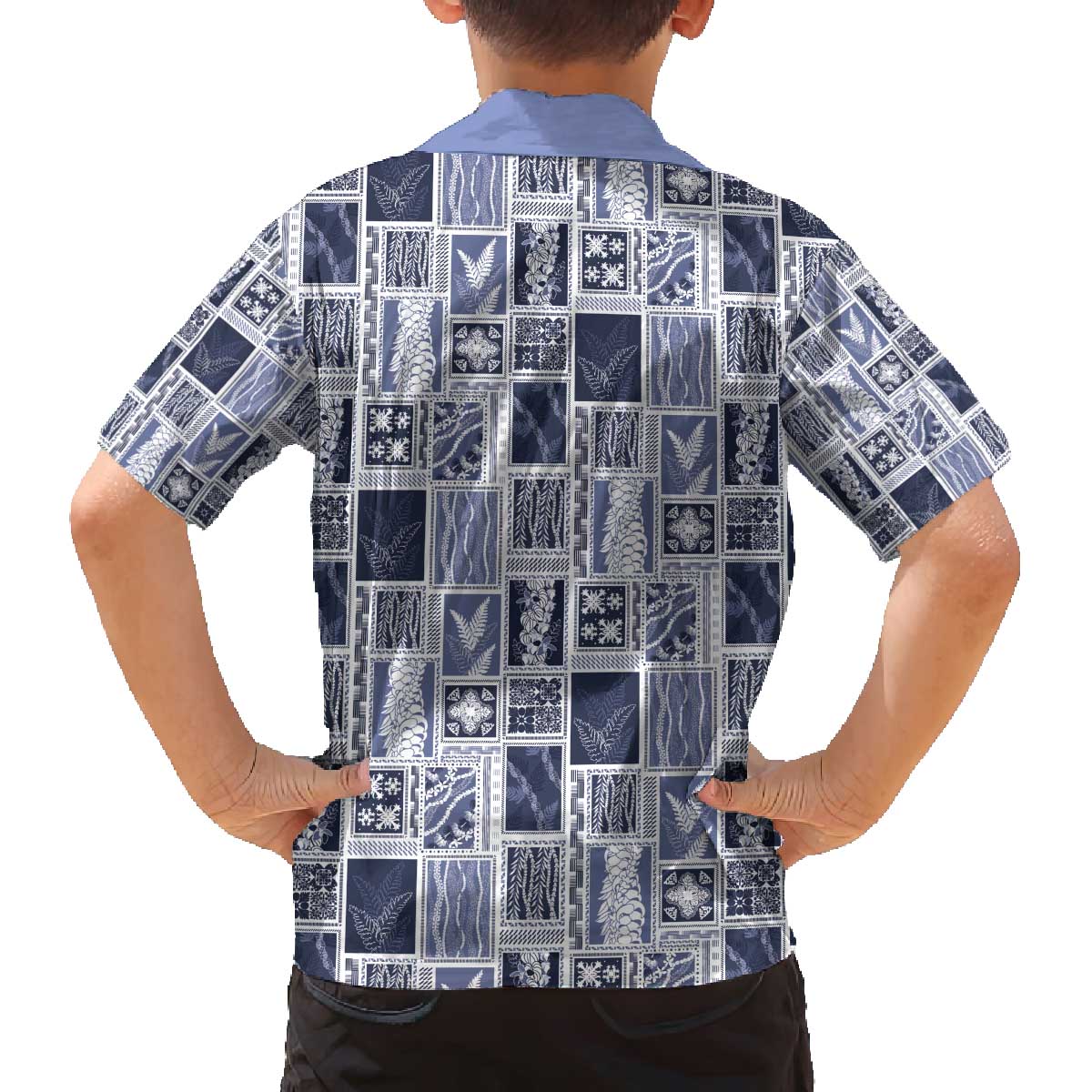 Vintage Aloha Block Quilt Family Matching Off The Shoulder Long Sleeve Dress and Hawaiian Shirt Blue Inspired Lei Motifs - Polynesian Pride