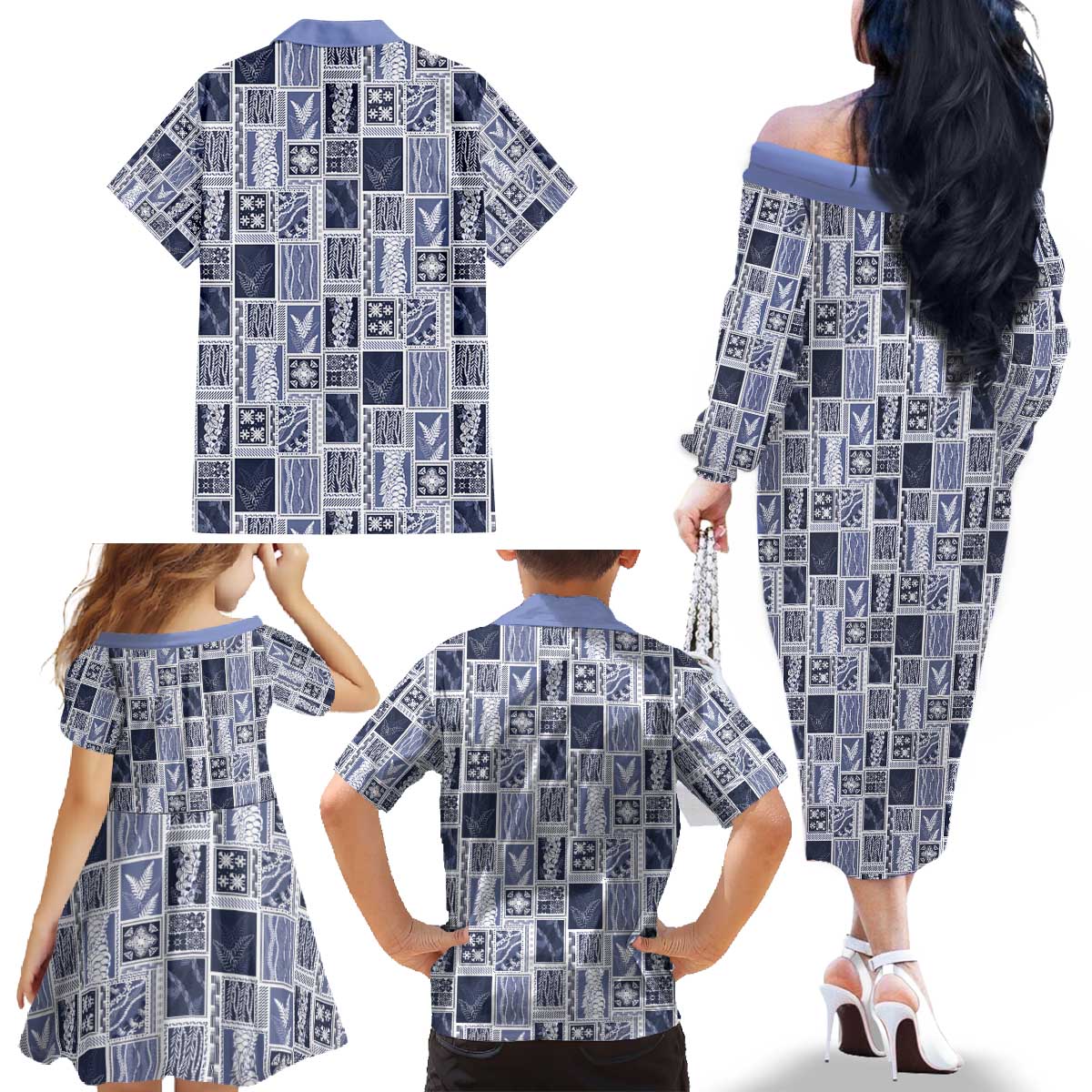 Vintage Aloha Block Quilt Family Matching Off The Shoulder Long Sleeve Dress and Hawaiian Shirt Blue Inspired Lei Motifs - Polynesian Pride