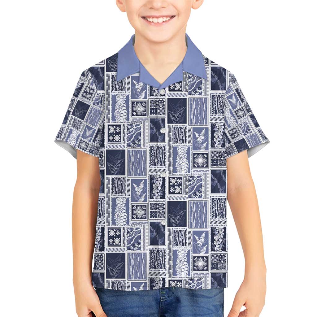 Vintage Aloha Block Quilt Family Matching Puletasi and Hawaiian Shirt Blue Inspired Lei Motifs - Polynesian Pride