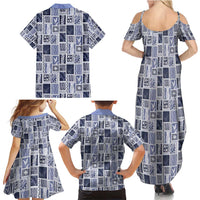 Vintage Aloha Block Quilt Family Matching Summer Maxi Dress and Hawaiian Shirt Blue Inspired Lei Motifs - Polynesian Pride