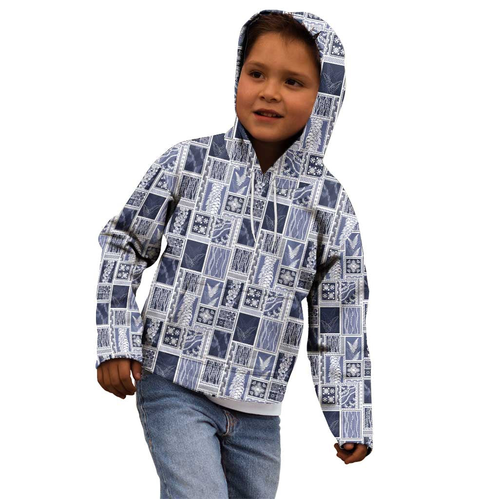 Vintage Aloha Block Quilt Kid Hoodie Blue Inspired Lei Motifs - Polynesian Pride
