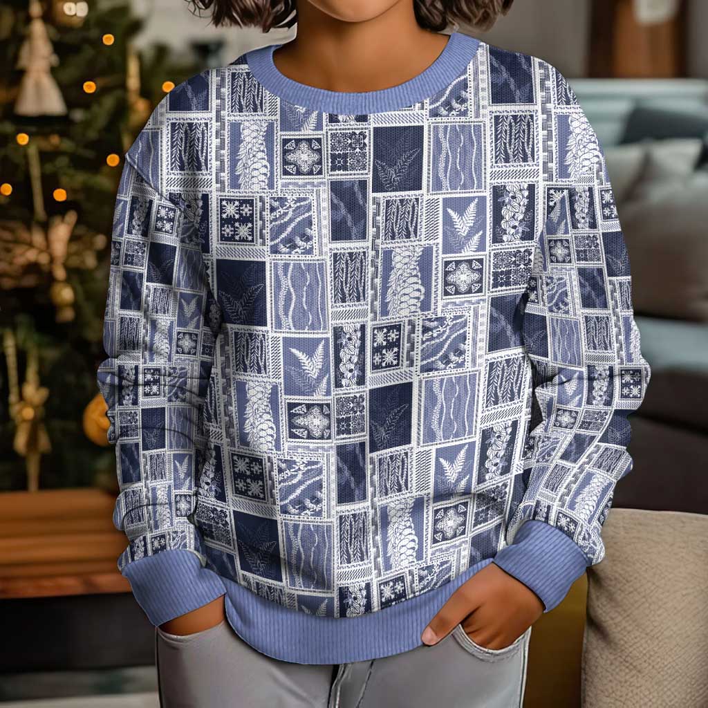 Vintage Aloha Block Quilt Kid Ugly Christmas Sweater Blue Inspired Lei Motifs - Polynesian Pride