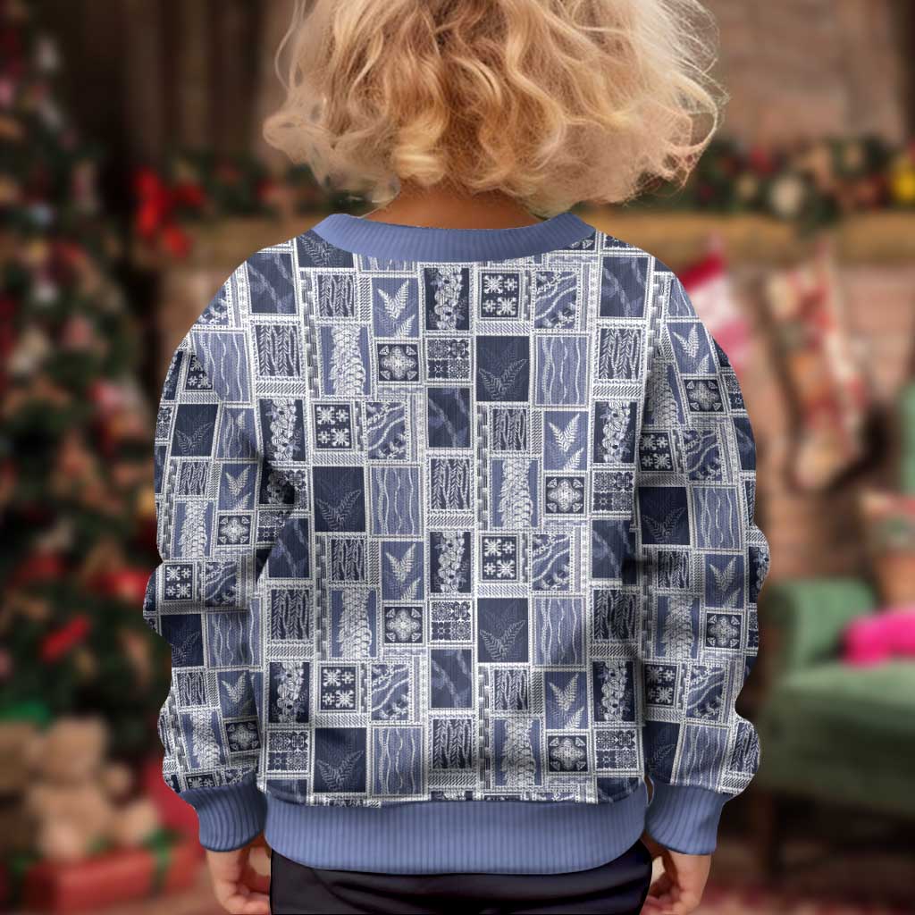 Vintage Aloha Block Quilt Kid Ugly Christmas Sweater Blue Inspired Lei Motifs - Polynesian Pride