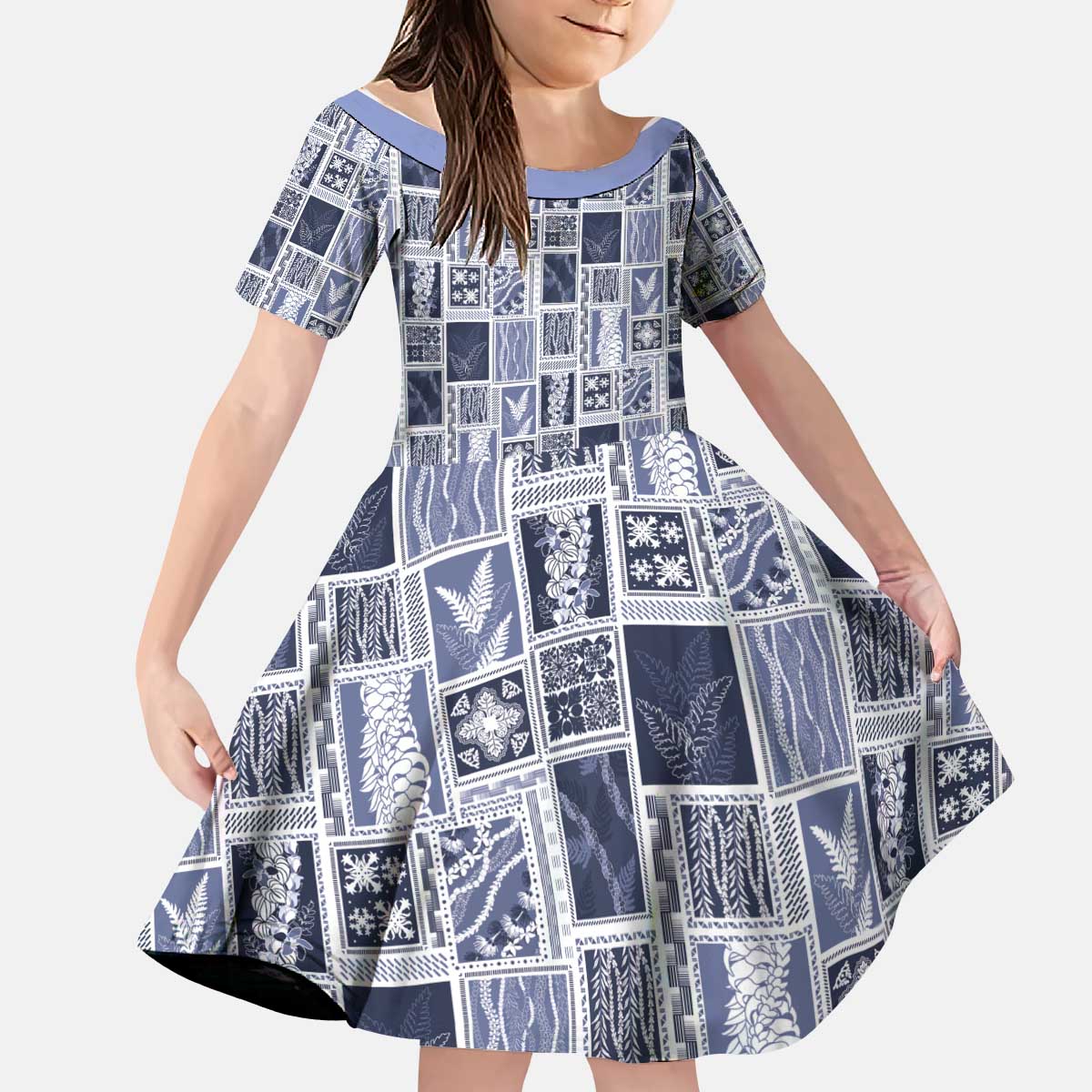 Vintage Aloha Block Quilt Kid Short Sleeve Dress Blue Inspired Lei Motifs - Polynesian Pride