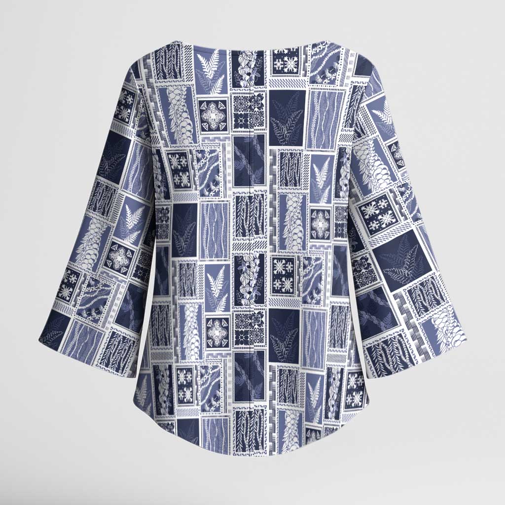 Vintage Aloha Block Quilt Kimono Sleeve Blouse Blue Inspired Lei Motifs - Polynesian Pride