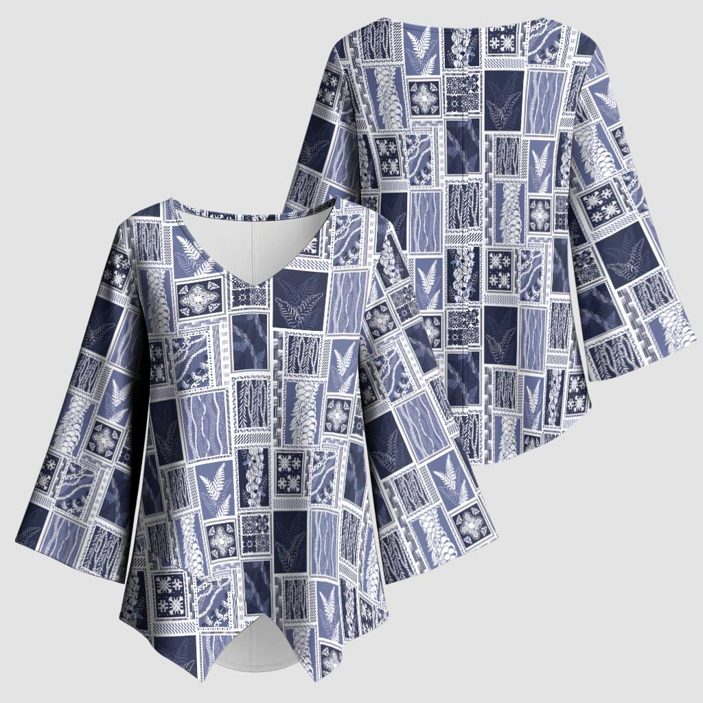 Vintage Aloha Block Quilt Kimono Sleeve Blouse Blue Inspired Lei Motifs - Polynesian Pride