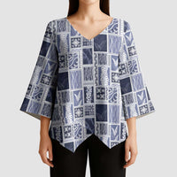 Vintage Aloha Block Quilt Kimono Sleeve Blouse Blue Inspired Lei Motifs - Polynesian Pride