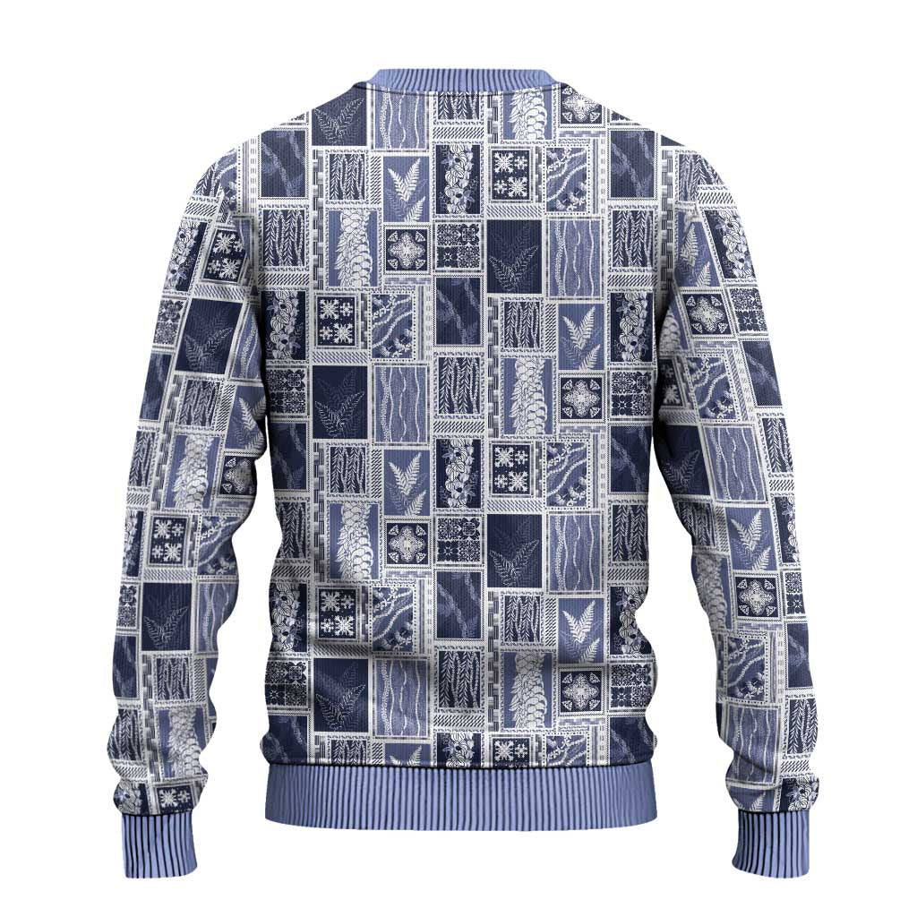 Vintage Aloha Block Quilt Ugly Christmas Sweater Blue Inspired Lei Motifs - Polynesian Pride