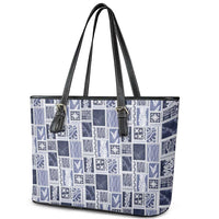 Vintage Aloha Block Quilt Leather Tote Bag Blue Inspired Lei Motifs - Polynesian Pride
