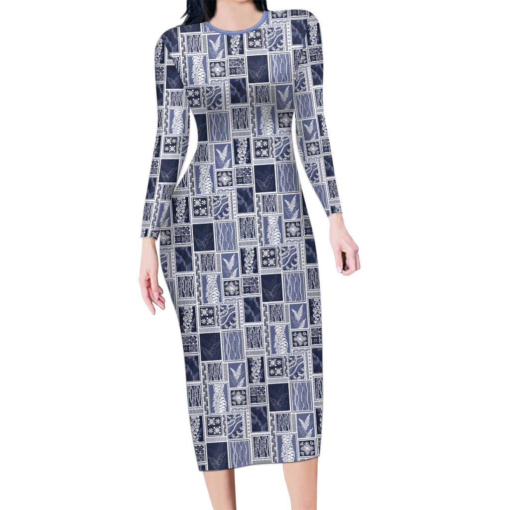 Vintage Aloha Block Quilt Long Sleeve Bodycon Dress Blue Inspired Lei Motifs - Polynesian Pride