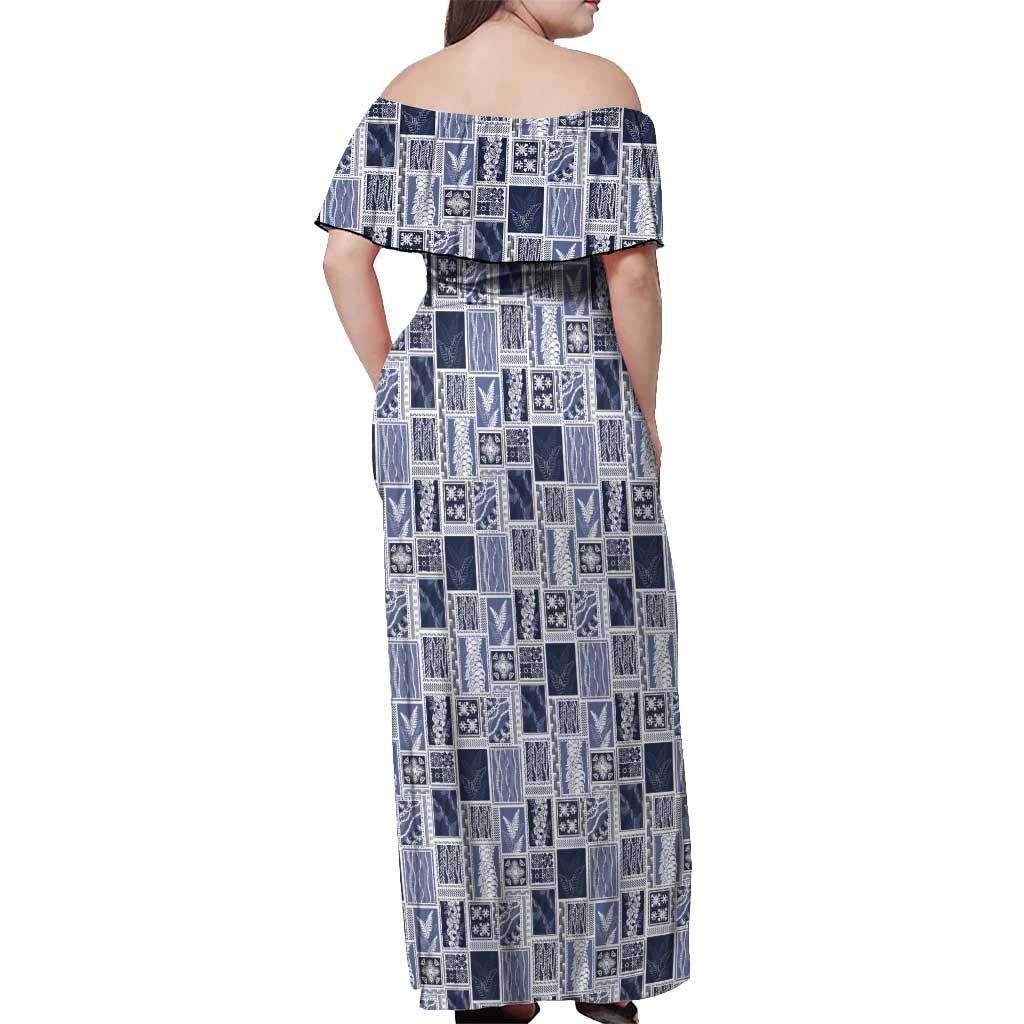 Vintage Aloha Block Quilt Off Shoulder Maxi Dress Blue Inspired Lei Motifs - Polynesian Pride