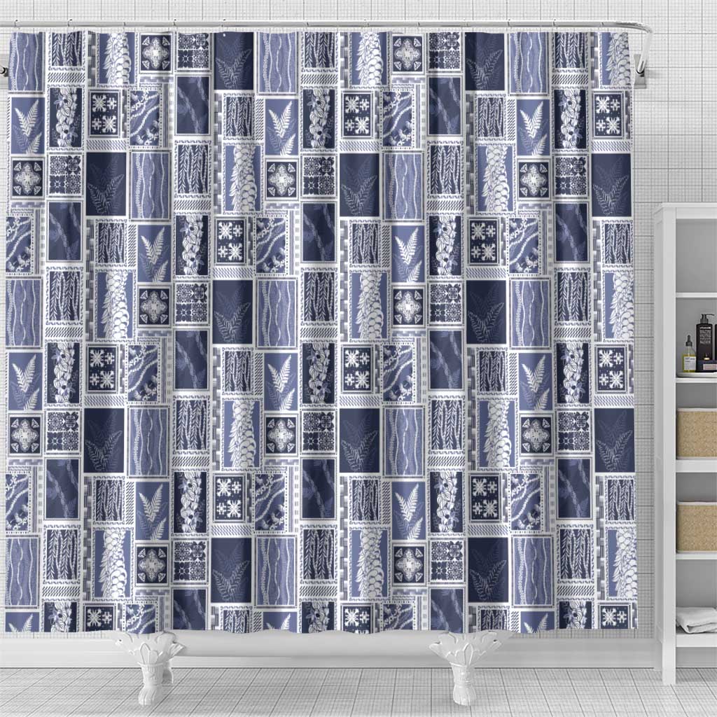 Vintage Aloha Block Quilt Shower Curtain Blue Inspired Lei Motifs - Polynesian Pride