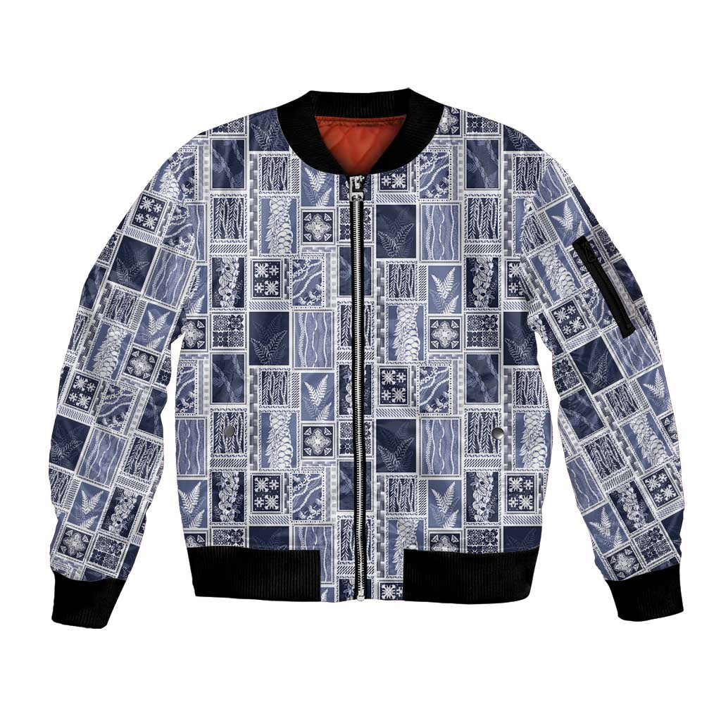 Vintage Aloha Block Quilt Sleeve Zip Bomber Jacket Blue Inspired Lei Motifs - Polynesian Pride