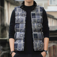 Vintage Aloha Block Quilt Sleeveless Puffer Jacket Blue Inspired Lei Motifs - Polynesian Pride