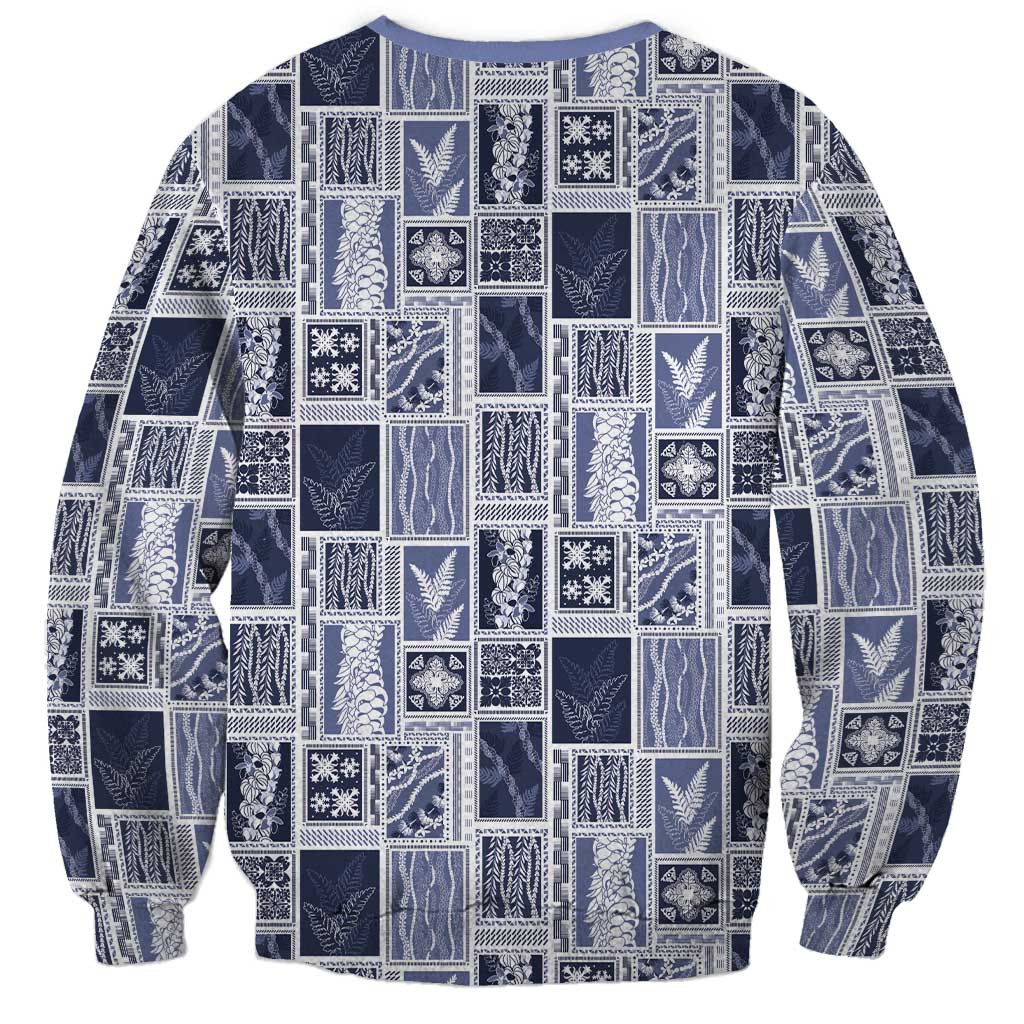 Vintage Aloha Block Quilt Sweatshirt Blue Inspired Lei Motifs - Polynesian Pride