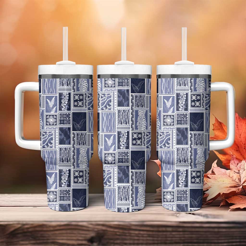 Vintage Aloha Block Quilt Tumbler With Handle Blue Inspired Lei Motifs - Polynesian Pride