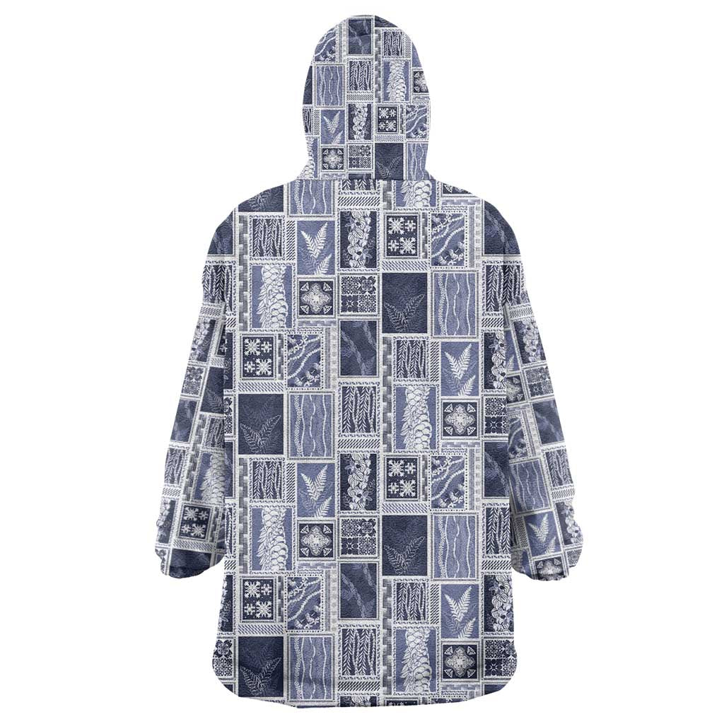 Vintage Aloha Block Quilt Wearable Blanket Hoodie Blue Inspired Lei Motifs - Polynesian Pride