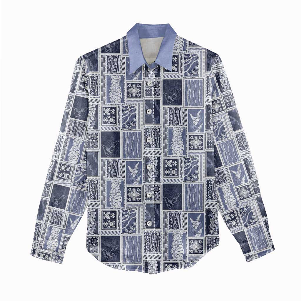 Vintage Aloha Block Quilt Women Casual Shirt Blue Inspired Lei Motifs - Polynesian Pride