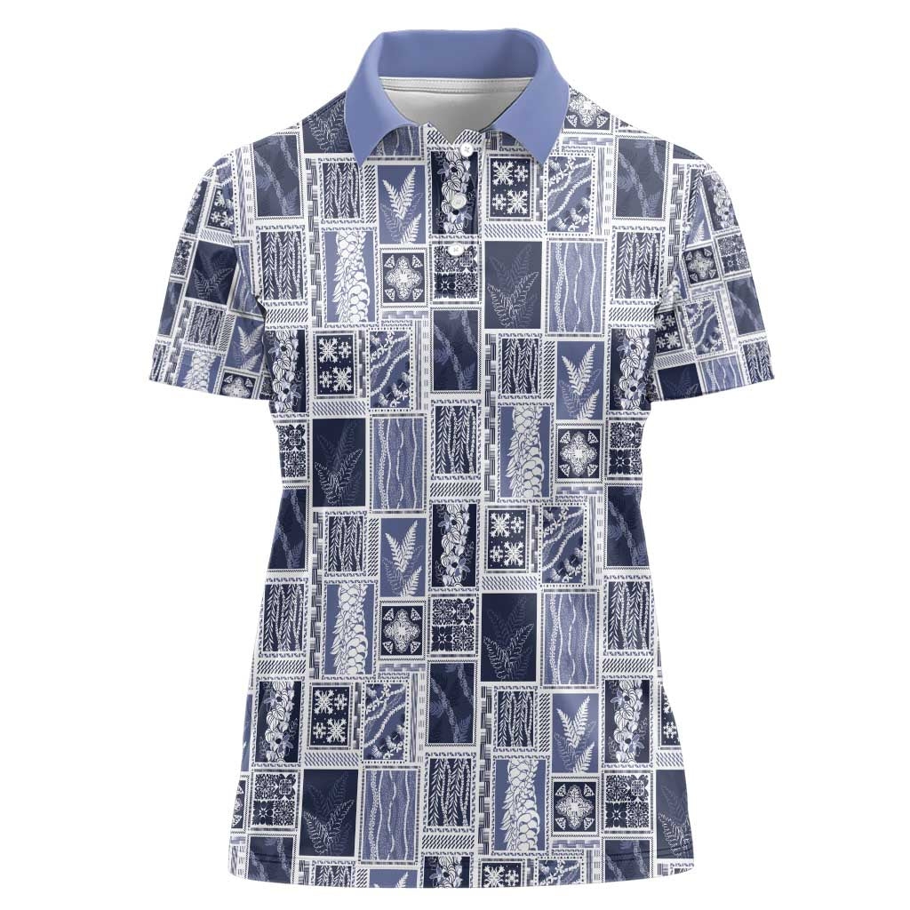 Vintage Aloha Block Quilt Women Polo Shirt Blue Inspired Lei Motifs - Polynesian Pride