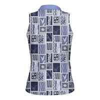 Vintage Aloha Block Quilt Women Sleeveless Polo Shirt Blue Inspired Lei Motifs - Polynesian Pride