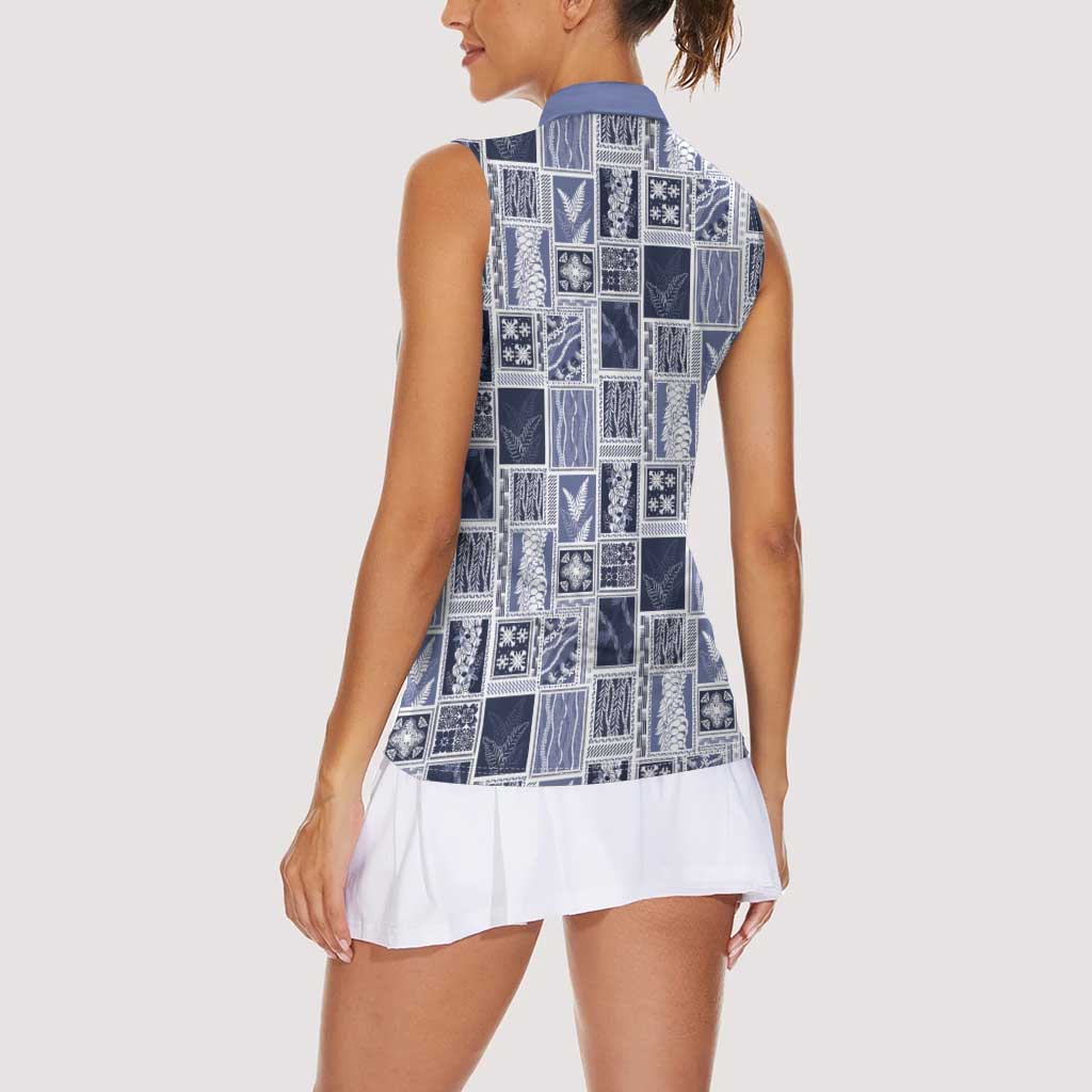 Vintage Aloha Block Quilt Women Sleeveless Polo Shirt Blue Inspired Lei Motifs - Polynesian Pride
