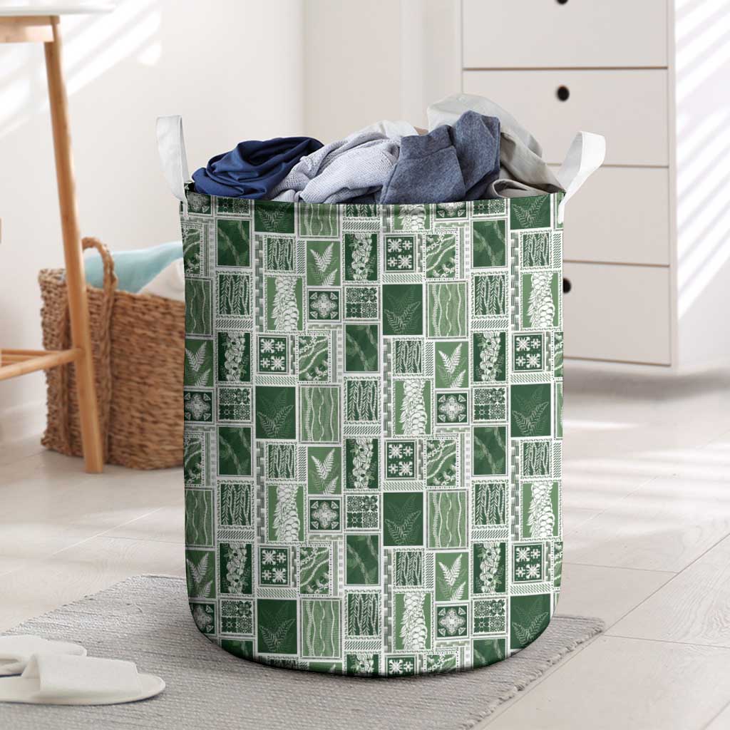 Vintage Aloha Block Quilt Laundry Basket Green Inspired Lei Motifs - Polynesian Pride