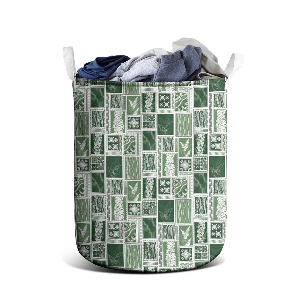 Vintage Aloha Block Quilt Laundry Basket Green Inspired Lei Motifs - Polynesian Pride