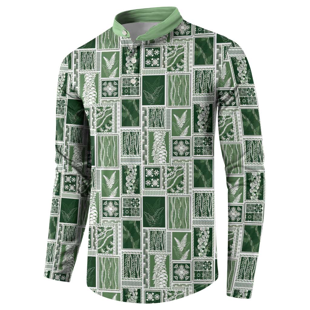 Vintage Aloha Block Quilt Button Sweatshirt Green Inspired Lei Motifs - Polynesian Pride
