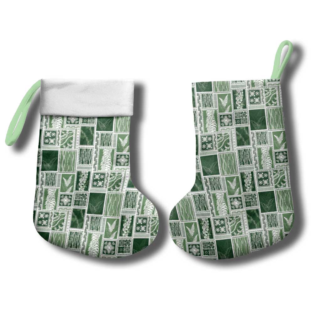 Vintage Aloha Block Quilt Christmas Stocking Green Inspired Lei Motifs - Polynesian Pride