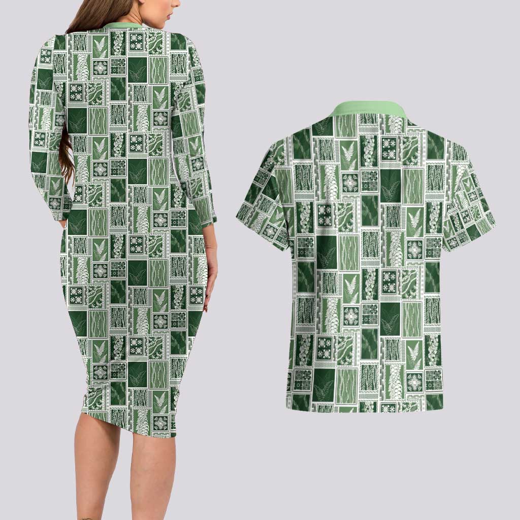 Vintage Aloha Block Quilt Couples Matching Long Sleeve Bodycon Dress and Hawaiian Shirt Green Inspired Lei Motifs - Polynesian Pride
